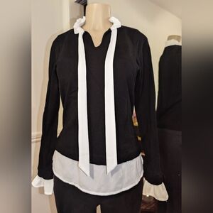 Adrianna Papell Black Sweater with White Under Ruffle Neck Collar Blouse Small
